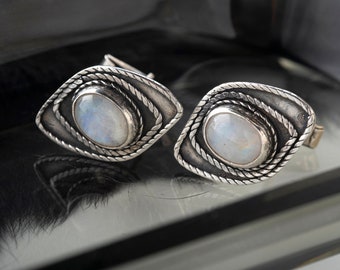 Moonstone Silver Cufflinks, Handmade Silver Cufflinks, Gemstone Silver Cufflinks