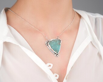 Handmade Raw Blue Hemimorphite Pendant | Sterling Silver Necklace | Natural Blue Gemstone Jewelry