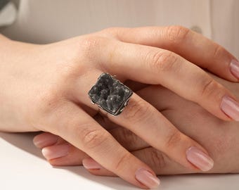 Handmade Raw Black Druzy Quartz Adjustable Ring 925 Sterling Silver Gemstone Size 8