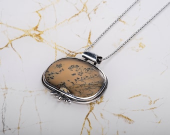 Handmade Dendritic Agate Sterling Silver Necklace - Large Stone