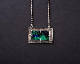 Peerless Handmade Blue Azurite Green Malachite Pendant Sterling Silver Necklace