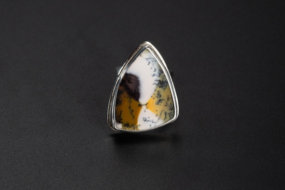 Handmade Dendritic Opal Ring – Adjustable 925 Sterling Silver Natural Gemstone Jewelry