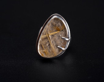 Handmade Rutilated Quartz Sterling Silver Ring - Size 7.5 (Adjustable)