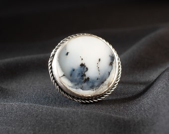 Anillo de plata de ley con ágata dendrítica hecho a mano - Talla ajustable 10