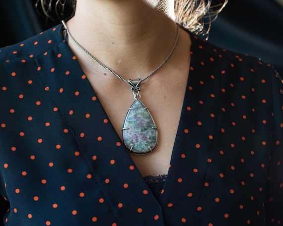 Ruby Kyanite Fuchsite Necklace – 925 Sterling Silver Natural Stone Statement Boho Pendant