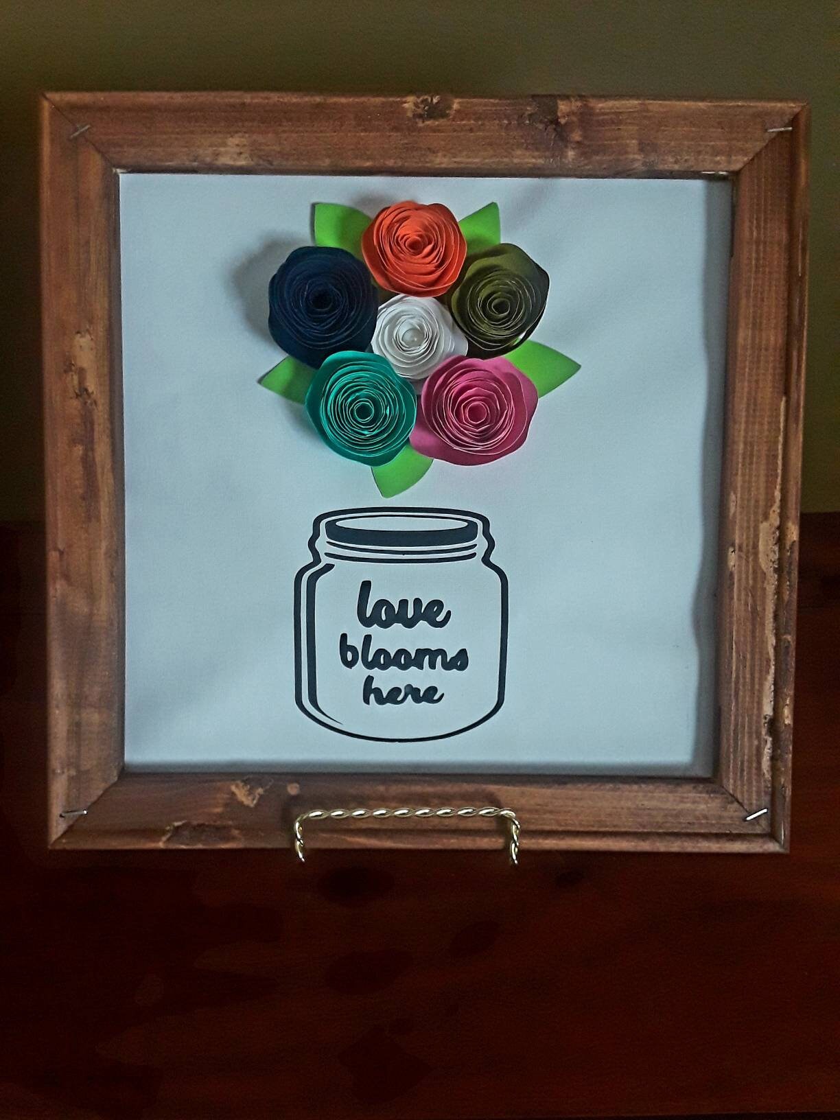 Love Blooms Here Reverse Canvas With Paper Flowers Mason Jar Etsy