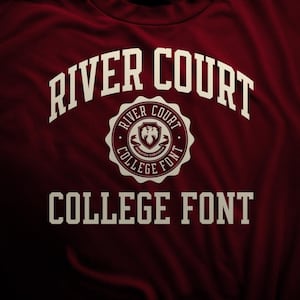 River Court – czcionka uniwersytecka, ... sportowa, czcionka sportowa, czcionka koszulki sportowej, czcionka koszulki uniwersyteckiej, czcionka Letterman