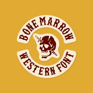 May include: A graphic design featuring a dark red skull pierced by a dagger in the center, surrounded by two cream-colored curved banners. The top banner reads BONE MARROW and the bottom banner reads WESTERN FONT in dark red lettering.