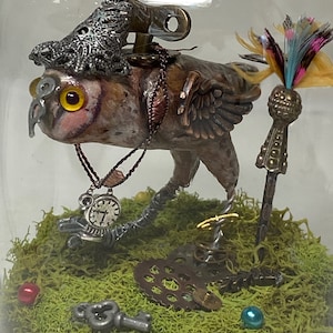 Clockwork Bird in Glass Dome (tiny barn owl)