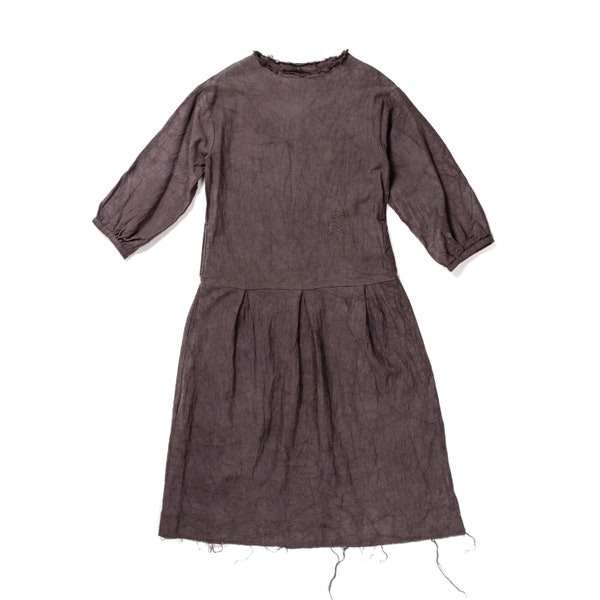 Brown purple  Dyed Cotton Dress with Gathered Sleeves, Loose Romantic Pure Cotton Dress, Transparent Textured Boho Cotton Dress