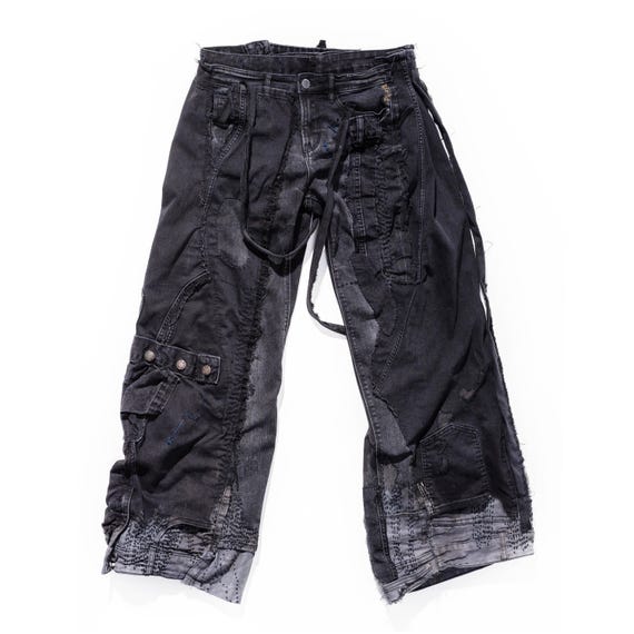 Black Baggy Jeans CYBERPUNK Denim Jeans to Order, Sewn Sashiko