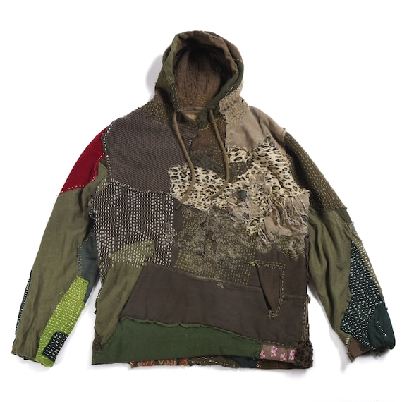 Hoodie Khaki Green Red Wine Boro Hoodie Reworked Shoodie Inspired by Japanese Boro Handwork Patchwork Mixed Textured Materials Etsy