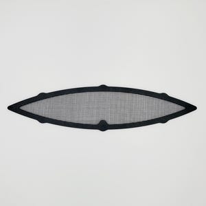 May include: A black, oval-shaped mesh screen with a black border. The screen has a fine grid pattern and is set against a white background. The shape is elongated with pointed ends and a slight curve.