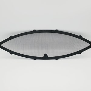 May include: Black oval-shaped mesh grill with a black frame and rounded edges. The grill is made of a fine mesh material and has a slightly curved shape.
