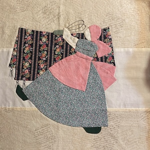 Amish Woman on Cleaning Day - Beating a Rug - Hand Appliquéd Fabric Quilt Block 16" Square Hand Stitched - Ready for a quilt or Pillow etc