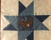 Star Blues Beige Quilt Block (Square) Finished 1 Block 8 quot Brown Blue Center with Star of Blue Tone Floral - Machine Pieced stitched