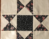 Star Black Pinks Quilt Block (Square) Finished 1 Block 10 1 2 quot Black Center with Star of Black and Pink Floral - Machine Pieced stitched
