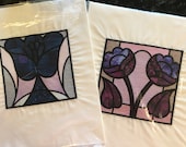 Machine Appliquéd Embroidered Blue Purple Flowers Quilt Block Pieces 10 quot Square White Background Blue Purple Flower - Stain Glass look