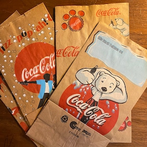 4 Coca Cola Brown Paper Bags - 2 Winter Polar Bear and 2 Party People - 6&quot; x 11&quot; stand up square bottom - Lunch Bags - Collectible