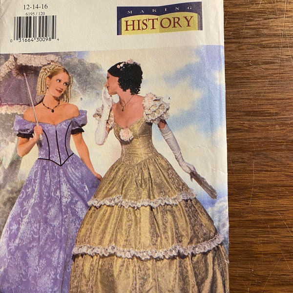 Misses Southern Lady Dress  Making History Pattern Butterick 6195 - 1999  - Adult Size 12, 14, 16 - Petticoat, Dress