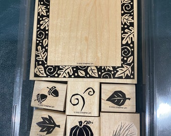 Stampin UP Rubber Stamp Blocks - All About Autumn - 2002 - paper crafting print, card making, great for kids - Leaves / Frame / Pumpkin