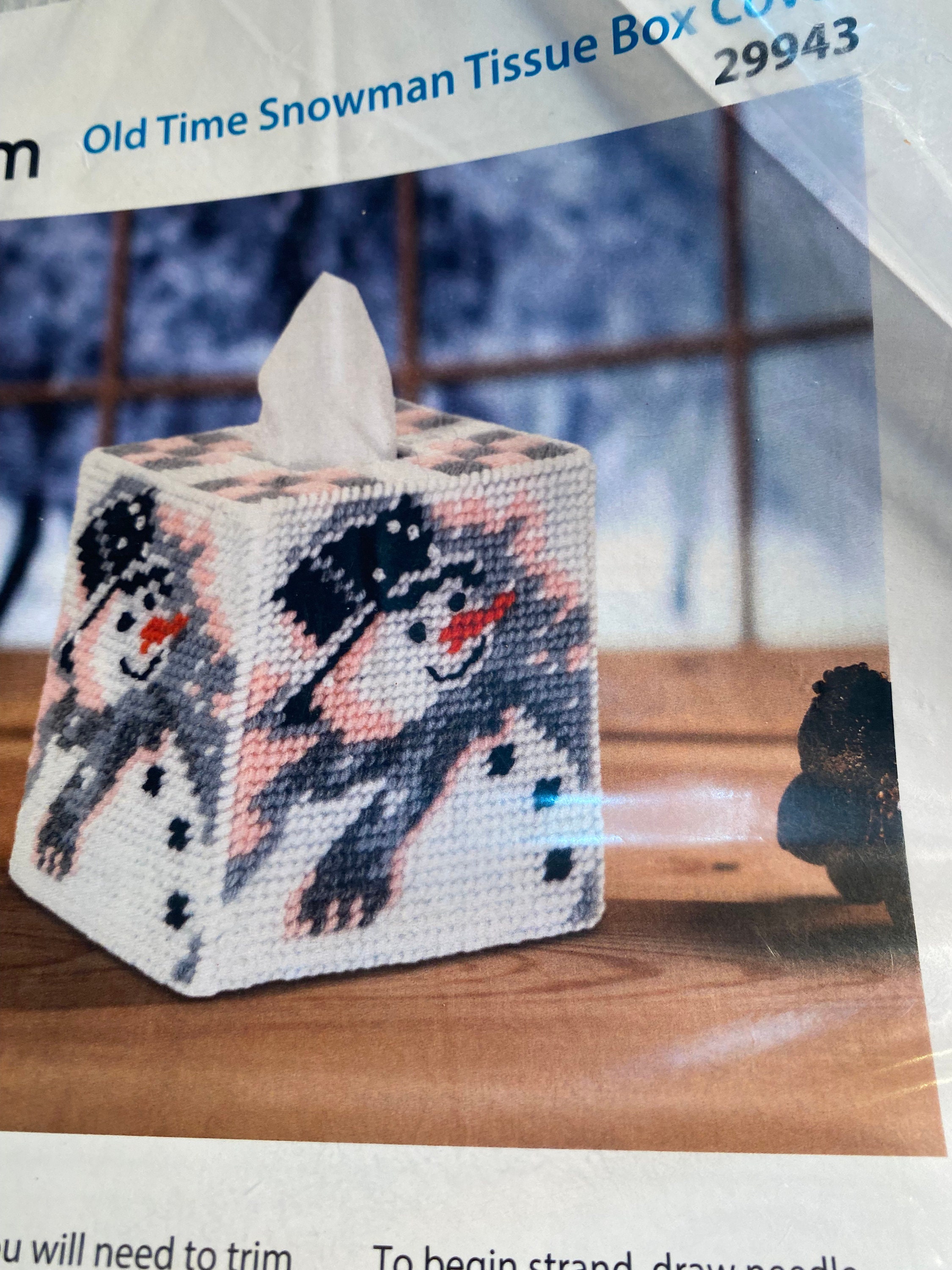 Issue Box Unopened Snowman and Bunny Tissue Box Cover Plastic Canvas / Stitch Unopened Kit ...