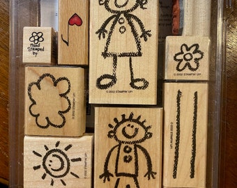 Stampin UP Rubber Stamp Blocks - Happy Girl, Boy, Sun - Friends / Flowers - 2002 - paper crafting, print making, card making, great for kids