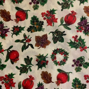 Holly Berries, Wreaths, Pinecones (Red Green Brown w Gold Metallic and Beige Background) Christmas  Fabric 1 yd x 44&#39; wide -
