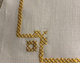 Vintage  CLOTH LINEN Table NAPKIN Set of 4 - 15" x 15" Off-White with Gold cross stitch Around Napkin - Finished edge