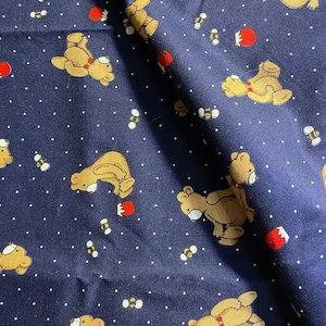 Teddy Bear with Honey Pot and Bees - Fun Print fabric 18&quot; long x 45&quot;  Blue Background with Various Brown Teddy Bears
