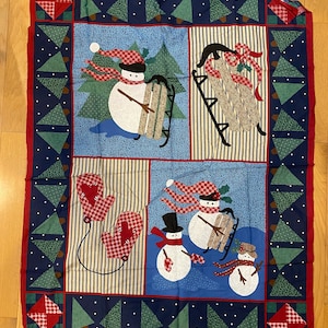 SNOWMAN w/ Sled / Mittens Christmas Fabric PANEL, Ready to Sew into a Wallhanging, pillow, quilt etc - 34&quot; x 44&quot;