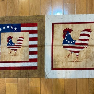 American Rooster / Hen / Chicken Farm Animal Fabric PANEL 2 Pictures Ready to Sew Red / White / Blue - Pillows, Appliqué, Quilts etc. -