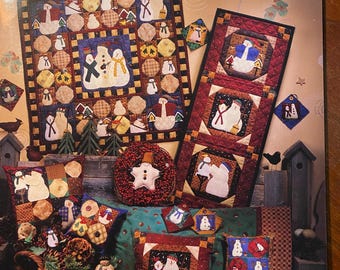 Regalos navideños y proyectos de acolchado con muñecos de nieve de Frosty Folks Patrones de apliques de patchwork con piezas - Debbie Mumm 1997, adornos para colgar en la pared
