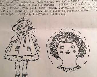 POLLY DOLL Pattern - Vintage 1926 copy of 18" Old Fashioned Cloth Rag baby doll from a kit - To SEW with Yarn Hair