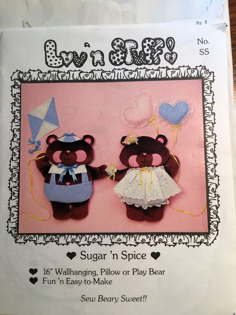 Sugar /'n Spice : Vintage Pattern Boy or Girl Pillow or Play Bear Bear Wallhanging Lov/'n Stuff!