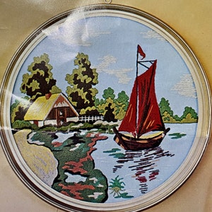 Dutch Vignettes Bucilla Needlecraft #2566  Crewel Embroidery Kit   - Vintage Ready to Finish Sailboat and WindMill Scenes