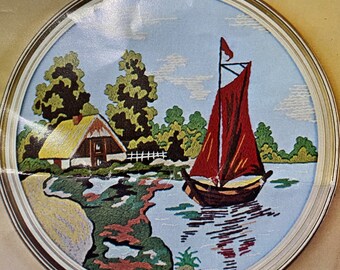 Dutch Vignettes Bucilla Needlecraft #2566  Crewel Embroidery Kit   - Vintage Ready to Finish Sailboat and WindMill Scenes