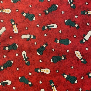 Christmas Snowman & Stars fabric Red  Background - 18&quot; long x 44&quot; wide