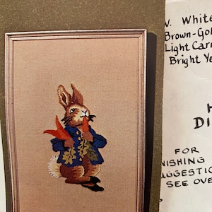 May include: A framed cross-stitch embroidery of a brown rabbit wearing a blue jacket and holding a carrot. The rabbit is standing on a beige background.
