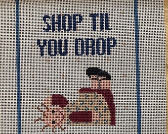 Shop Til You Drop With Amish Doll Preprinted Tapestry Needlepoint / Crewel Canvas Embroider -  6" x 8" printed area
