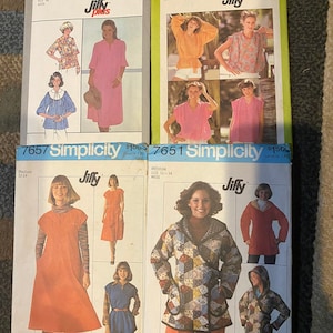 May include: Four sewing patterns for women's clothing. The patterns are from Simplicity and are for sizes 12-14. The patterns include a dress, a top, a jacket, and a hooded jacket. The patterns are all in the Jiffy style.