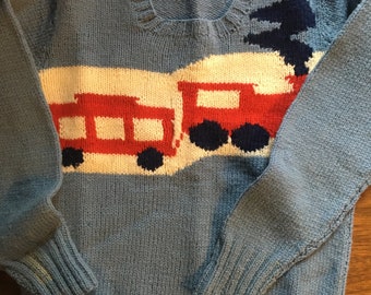 Vintage Toddler / Baby Hand Knit Sweater Blue - with Red Train on front and Back, some wear - Long sleeves