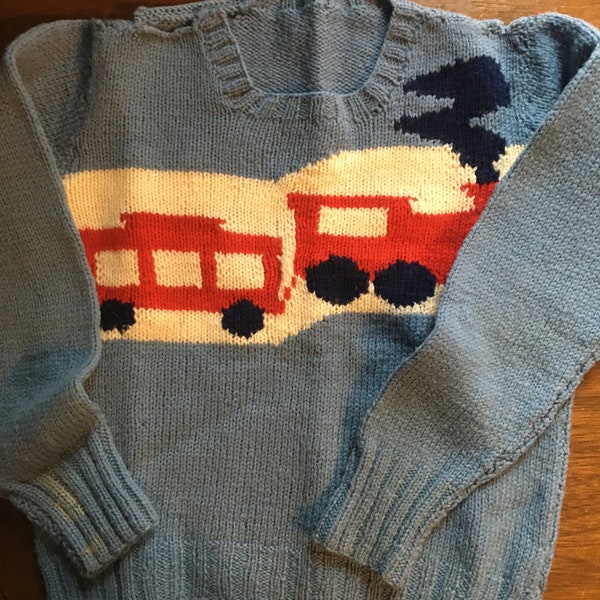 Vintage Toddler / Baby Hand Knit Sweater Blue - with Red Train on front and Back, some wear - Long sleeves