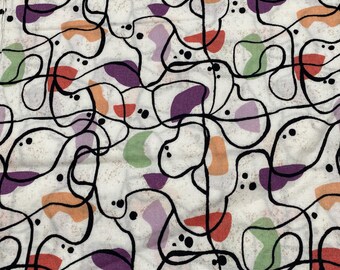 Black Meandering Lines with Splats of Purple, Green and Salmon on White Background - 36" x 44" -
