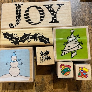 Juego de bloques de sellos de goma para Navidad: alegría, acebo, árbol, muñeco de nieve, adorno, media: elaboración de papel, impresión, tarjetas DIY