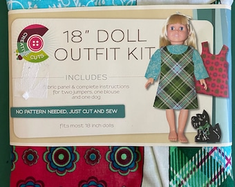 Plaid Jumper for 18" Doll  Fabric PANEL, Daisy Kingdom - Ready to Sew doll clothes -  2 Jumpers / Dress, 1 Blouse, 1 Dog (preprinted fabric)