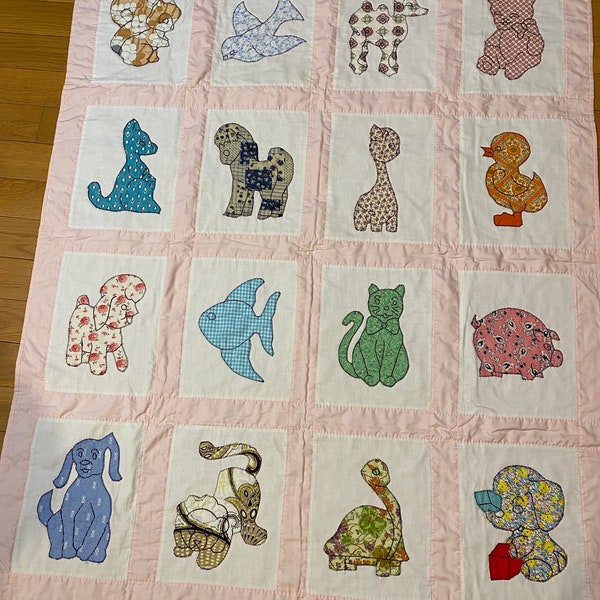 Animal Appliqué Patchwork Pieced Throw Quilt - Lap, Baby Blanket - 44" x 53" Light Pink  & White Base Colors