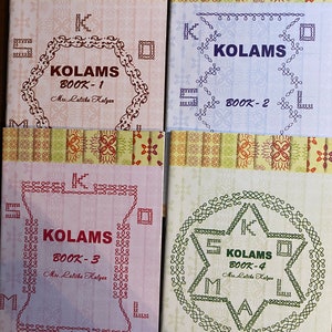 May include: Four books titled "KOLAMS" with different book numbers. The books are decorated with intricate patterns and designs. The books are arranged in a grid pattern.