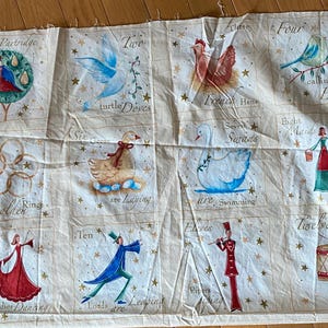 12 Days Of Christmas Fabric PANEL,  Squares Ready to Sew into a Wallhanging, pillow, quilt etc - 7&quot; x 7&quot; squares