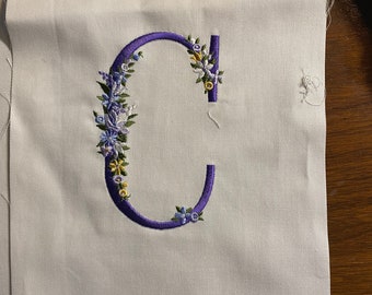 Purple Alphabet Letter (ABC) Fabric Quilt Block - 1 Square = 7" x 12" White Background Machine Embroidered Letter w/ Flowers Use in Quilts